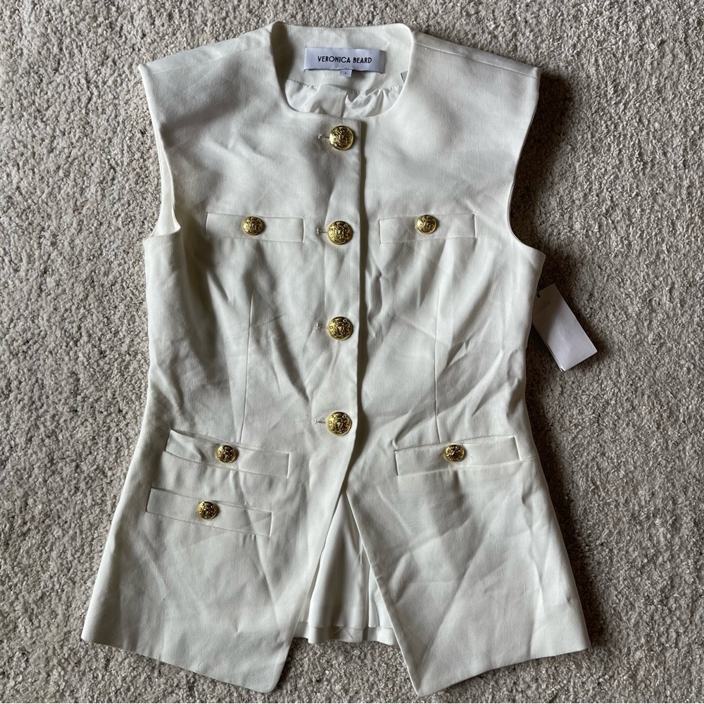 ✨NWT ✨ Veronica Beard Tamara Linen Vest Off-White Single-Breasted Split-Hem Vest - Picture 5 of 12